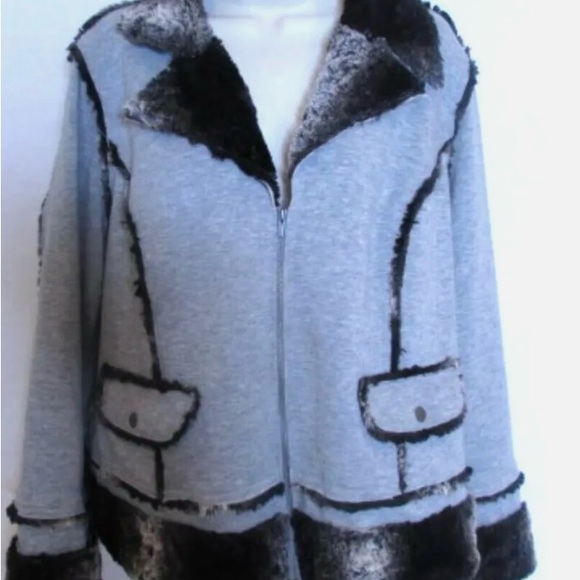 Chico's 3 XL Sherpa Chic Sheena Fleece Gray Knit & Faux Fur Jacket - Picture 2 of 8